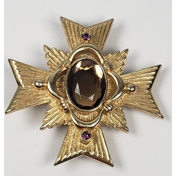 1983 Avon Maltese Cross Allegro Collection Amber Color Gold Tone Brooch Pendant - Picture 2 of 13